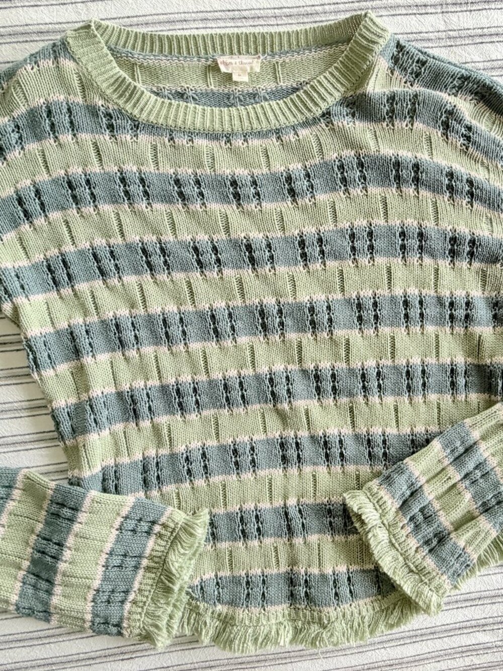 Hem & Thread Striped Pointelle Fringe Sweater Sage Blue Medium